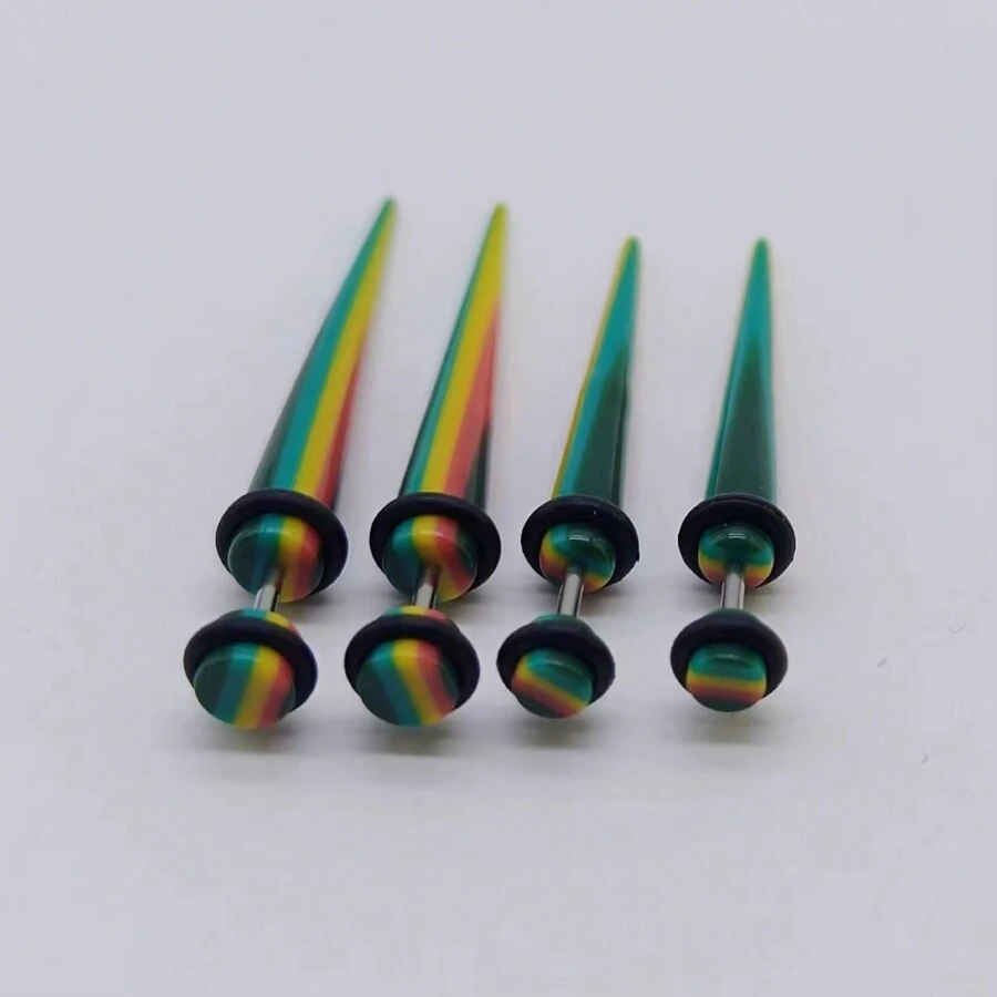 4入組流行的紅、綠、黃三色組合的丙烯酸耳洞穿環：不銹鋼杆,低過敏性,假扁平、圓形和錐形耳環（4mm-5mm） - 紅綠燈假耳擴 - 查看 1