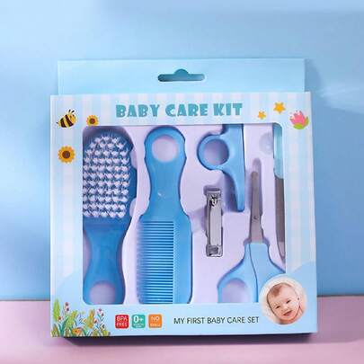 6pcs Newborn Baby Nail And Hair Care Kit In Blue Including Beauty Brush, Comb And Nail Set For Home Use