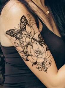 STARTTOOS 1 Pieza Gran Tatuaje Temporal Negro Con Diseño De Flor Y Mariposa Para Brazo, Pecho, Abdomen, Espalda - Negro - Ver 2