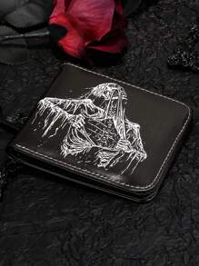 1pc Black PU Skull Design Wallet With Two Folded Zipper PUnk Style Pirate Goth Wallet Halloween For Men Wallet Purse Wallet Men Wallet Leather - Black - View 4