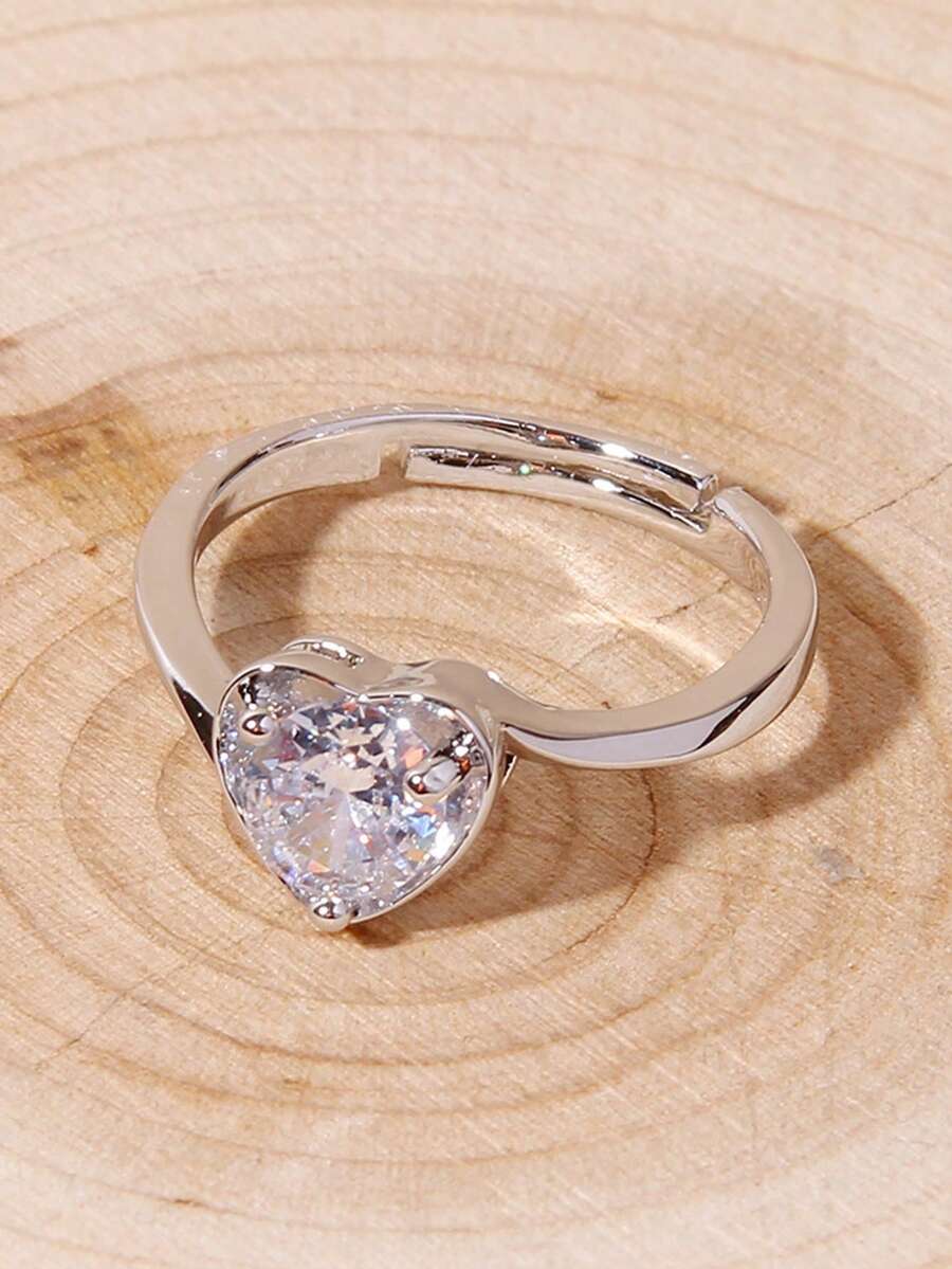 1個女性時尚珠寶單銀可調尺寸戒指,帶莫桑比克石和s925銀製天使之心1克拉鑽石戒指,非常適合情人節禮物、婚禮、派對、約會、日常穿著 - 銀色 - 查看 1