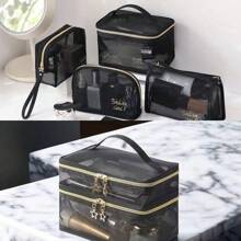 1pc Large Capacity Transparent Travel Mesh Toiletry Bag, Nylon Mesh Cosmetic Bag, Makeup Organizer,Pink Room Decor Home Bedroom Bathroom Living Room Desk Decor Travel Stuff Wedding House Decorbirthday Mushroom New Years Accessories Gifts For Dad Mom Best Friend Teacher Man Funny Giftstorage Jewelry Organiser Box Bathroom Set Storage Organizer In Storage Boxes & Bins Perfume Organizer Makeup Bag Gift Storage Box Bag Bathroom In Storage Shelves & Racks - Black - View 2