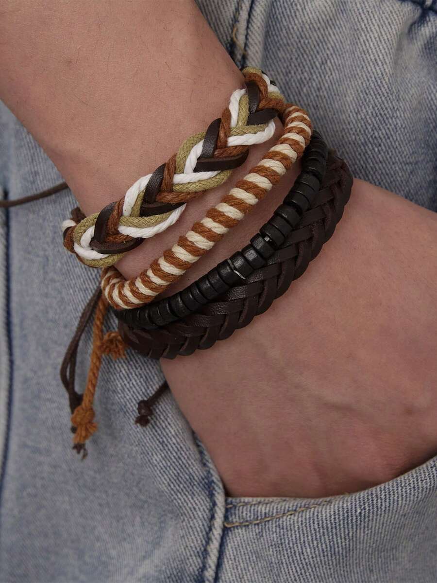 4pcs/Set Men's Wooden Beads Braided Bracelet Combination With Leather - Multicolor - View 1