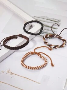 4pcs/Set Men's Wooden Beads Braided Bracelet Combination With Leather - Multicolor - View 4