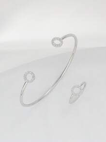 2pcs/Set Simple Geometric Design Gold Tone Bracelet And Ring Set For Women, Daily Wear And Party - Silver - View 3