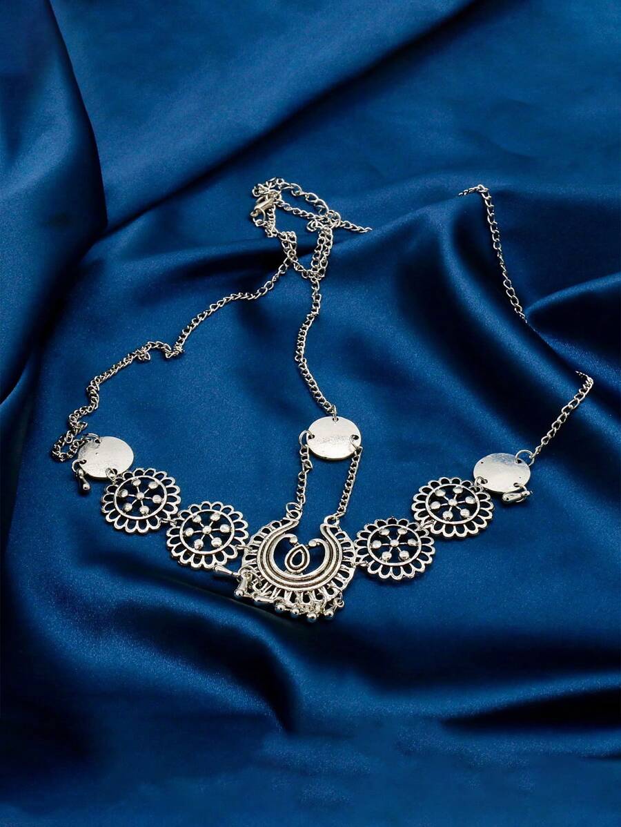 1 件复古风格女式金属雕刻水滴和流苏装饰头带，适合装扮海滩比基尼风格和日常服装头饰 - 銀色 - 查看 1