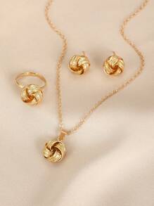 4 Unids/set Minimalista Y De Moda Cuerda Trenzada Diseño De Nudo Pendientes, Collar, Anillo Para Uso Diario Conjunto De Joyería Para Mujer - Amarillo Oro - Ver 1