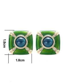 女士搪瓷復古綠色方形金屬耳環,簡約奢華個性化耳環 - 綠色 - 查看 5