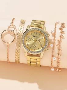1pc Ladies Watch Gold Watch Rhinestone Decor Quartz Watch & 4pcs Bracelet Holiday - Gold - View 1