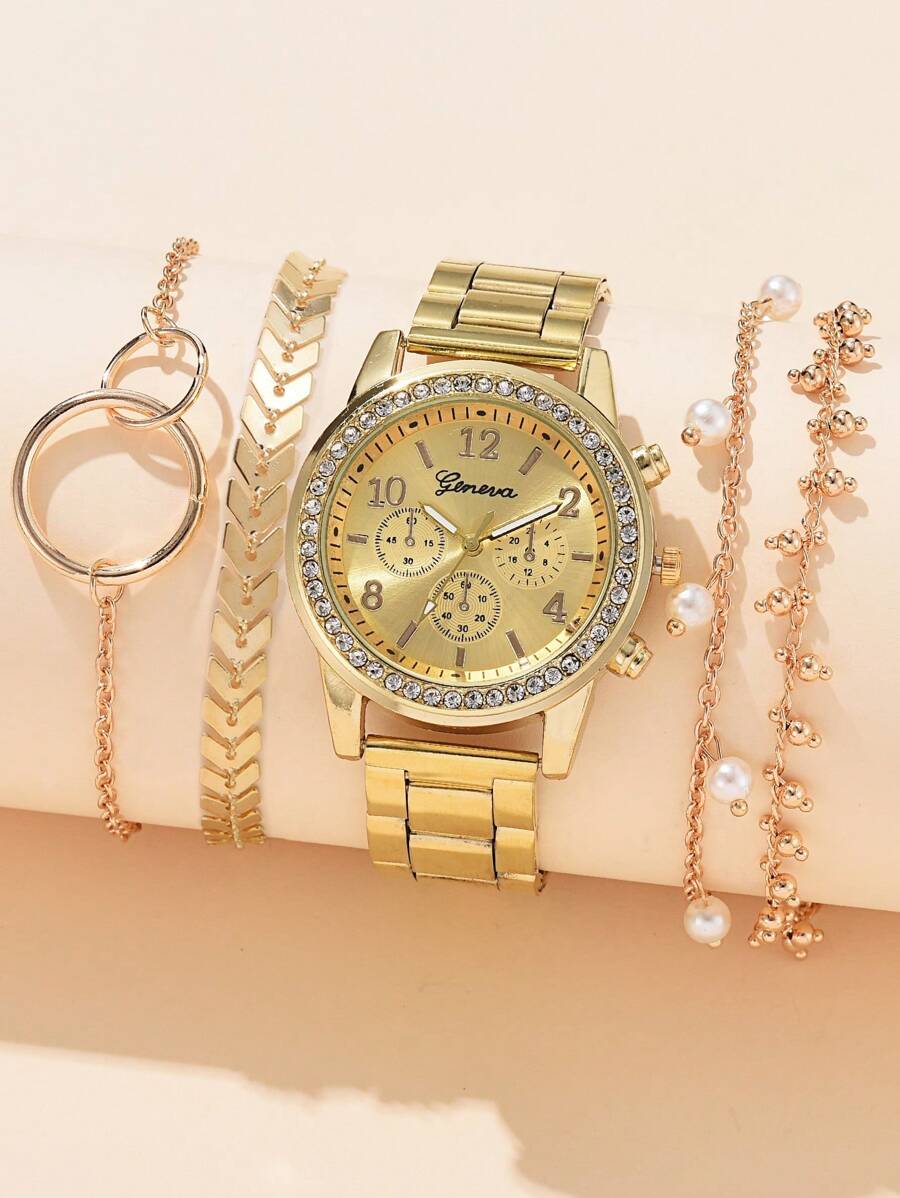1pc Ladies Watch Gold Watch Rhinestone Decor Quartz Watch & 4pcs Bracelet Holiday - Gold - View 1