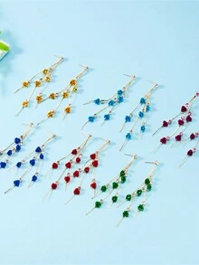 1pair Multicolor Rose & Flower Design Long Rhinestone & Tassel Dangle Earrings - Roses - View 5