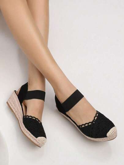 Women's Closed Toe Espadrille Platform Wedge Sandals With Four Flowers And Lace Trim