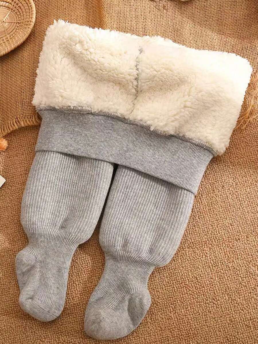 1pc Unisex Kids' Winter Thickened Leggings With Plus Fleece Thick And Solid Color Design, Suitable For Daily Wear - Grey - View 1
