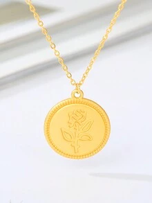 1 件歐式簡約雕刻玫瑰圓形吊墜項鍊女式復古鎖骨鏈項鍊情人節禮物時尚首飾 - 金黃色 - 查看 3