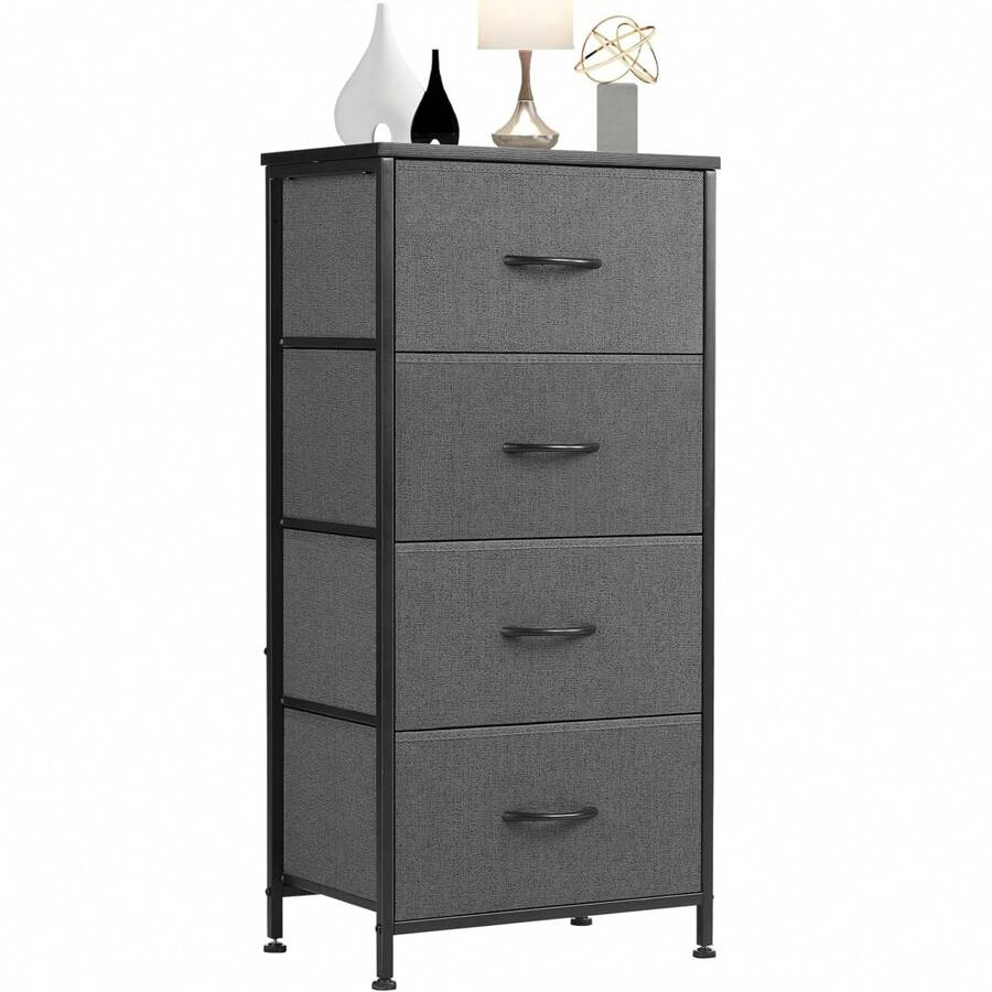 Dresser For Bedroom, Storage Drawers, Skinny Fabric Storage Tower With 4 Drawers, Tower Organizer Unit, Chest Of Drawers With Wooden Top For Closet, Nursery, Laundry, Living Room, Hallway, Office - 灰色 - 查看 1