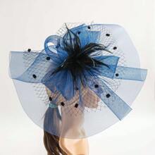 優雅復古風蕾絲頭飾帶有網紗面紗,羽毛,網紗,毛球和花卉細節,適用於婚禮和派對 ,新年頭飾 - 藏蓝色 - 查看 2