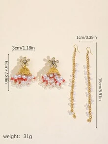 1對復古時髦波西米亞與異國風格耳夾和垂墜耳環,帶有珍珠、鑽石和鈴鐺裝飾 - 紅色 - 查看 3