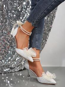 Fashionable Ankle Strap Pumps For Women, Faux Pearl & Bow Decor Pyramid Heeled Pumps