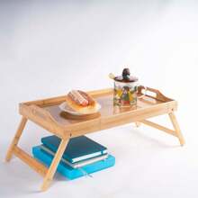 1Pc Bamboo Bed Tray Table With Foldable Legs, Breakfast Tray Lap Table For Sofa, Bed, Eating - Khaki - View 5