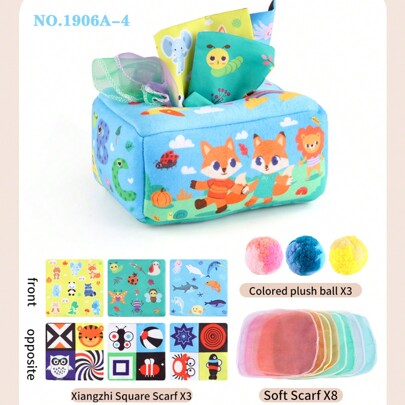 1 Set Baby Tear-Resistant Tissue Box Toy With Velvet Ball Finger Exercise Handkerchief Paper Toy, Colorful, Suitable For Early Education Of Infants To Exercise Cognitive And Gripping Ability, Handkerchief Color Random