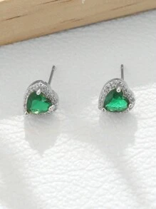 1對時尚銅製耳環,微鑲桃心綠鑽石,優雅女士晚宴禮物 - 銀色 - 查看 1