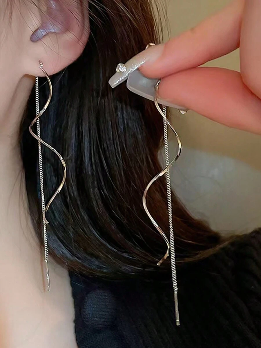 1pair Silver Tone Fashionable Metal Twisted Geometric Ear Threaders Elegant Casual. Valentine's Day Accessories