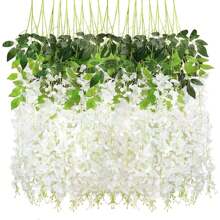 12Pcs Planta Artificial Colgante Wisteria, Artificial Wisteria Flores Guirnalda Plantas Plantas Artificial Decoración Hojas de Follaje Falsas Planta de Vid Colgante para el Hogar Decoración - Blanco - Ver 1