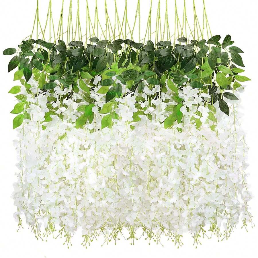 12Pcs Planta Artificial Colgante Wisteria, Artificial Wisteria Flores Guirnalda Plantas Plantas Artificial Decoración Hojas de Follaje Falsas Planta de Vid Colgante para el Hogar Decoración - Blanco - Ver 1