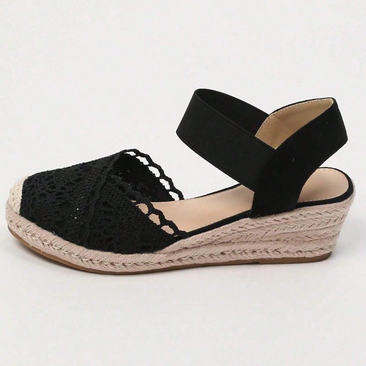 Sandalias De Plataforma Con Cuña De Esparto Con Punta Cerrada Para Mujeres, Con Cuatro Flores Y Ribete De Encaje