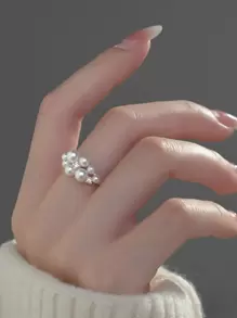 一個s925純銀復古風格可調節戒指,設有人造珍珠和日常佩戴女性流行珠寶美麗優雅的夏季配飾