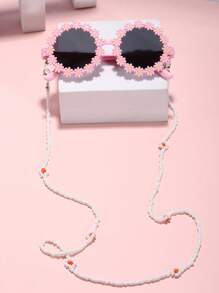 1入組 男女適用3-8歲丙烯酸花朵圓框時尚時尚眼鏡和1入彩色花朵眼鏡鏈 - 粉色 - 查看 1