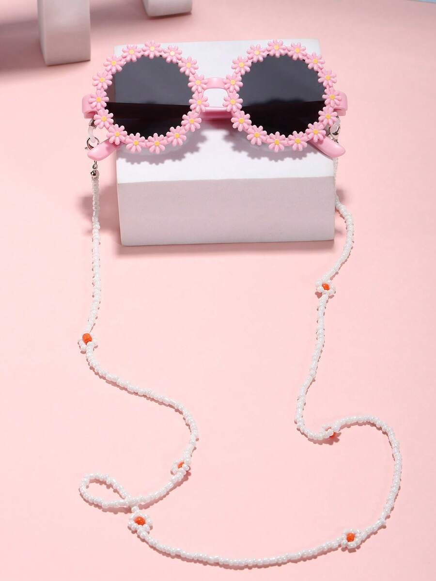1入組 男女適用3-8歲丙烯酸花朵圓框時尚時尚眼鏡和1入彩色花朵眼鏡鏈 - 粉色 - 查看 1