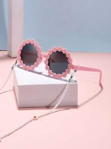 1入組 男女適用3-8歲丙烯酸花朵圓框時尚時尚眼鏡和1入彩色花朵眼鏡鏈 - 粉色 - 查看 2