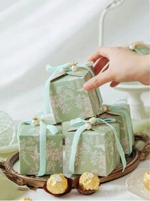 10 pezzi/15 pezzi/20 pezzi/30 pezzi Scatola regalo in carta con perle finte e nastro abbinato, motivo floreale moderno verde e uccelli. Adatto per decorazioni per feste, matrimoni, compleanni, festività.