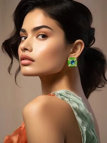 女士搪瓷復古綠色方形金屬耳環,簡約奢華個性化耳環 - 綠色 - 查看 2