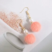 1pair Pearl & Furry Ball Design Cute & Sweet Earrings, Perfect Valentine's Gift For Female Friends - Hairball - View 8