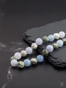 1pc Exquisite Elegant Fashionable Stainless Steel Chain & Green/Blue Jade Beaded Bracelet, Men Party Gift - Multicolor - View 2