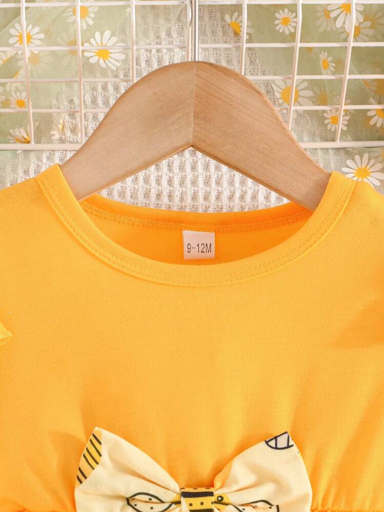 Baby Girls' Summer Short Sleeve Ruffle Hem Round Neck Top With Bow Decoration And Bee Printed Casual Pants Set - Yellow - View 3