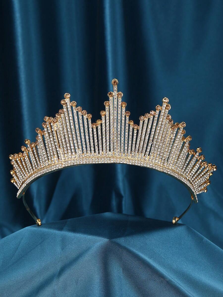 1 pieza Diadema elegante para mujer con diseño en relieve 3D en la parte delantera y trasera, con cristales de champán de lujo, adecuada para vestido de novia y accesorio sencillo - Dorado - Ver 1