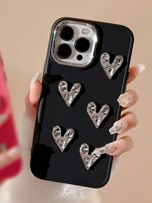 2000 年代情人节时尚镀金纽扣手工 DIY 卷边心形手机壳防水防震防摔防刮 - 黑色 - 查看 3