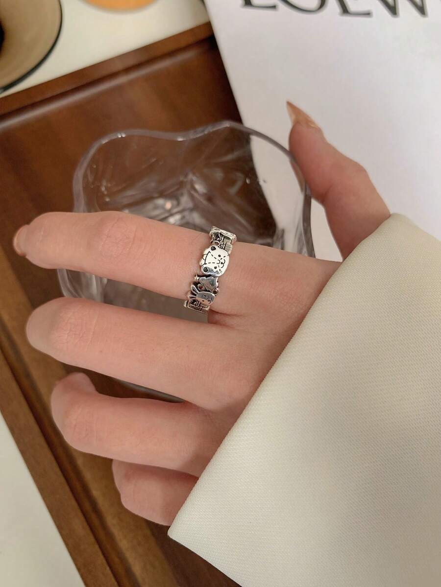 1PC Teddy Bear Ring With An Open Ring That Can Be Adjusted In Size - Silver - View 1