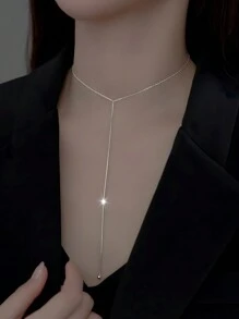 1入組時尚S925銀色Y形字母設計超長吊墜項鍊，展現性感魅力，簡約和個性化風格，短鏈項鍊，適合女士夏季派對 - 銀色 - 查看 1