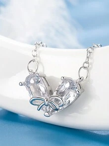 1pc Fashionable & Exquisite Bowknot Heart Pendant Necklace, Suitable For Women's Daily Wear - Silver - View 4