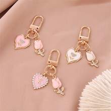 1pc Pink Heart + Flowers Love Flower Keychain Pendant Bluetooth Headphone Box Keychain Cute Lady Bag Pendant, Charming Valentine's Day Holiday Gift - Pink - View 3