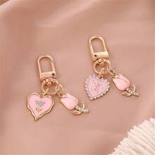 1pc Pink Heart + Flowers Love Flower Keychain Pendant Bluetooth Headphone Box Keychain Cute Lady Bag Pendant, Charming Valentine's Day Holiday Gift - Pink - View 4