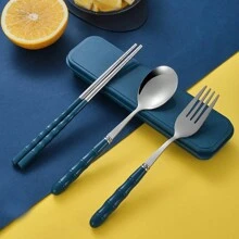 1 Miếng Có thể mang đi Bộ dao kéo Có hộp , Bao gồm Cái nĩa , Cái thìa Và đôi đũa , Có thể tái sử dụng Bộ đồ ăn Đối với Ngoài trời Dã ngoại , Cắm trại Và Du lịch - Màu xanh lam - Xem 5