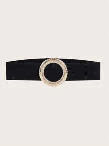 1pc Women's Simple Round Buckle Elastic Belt With Rhinestones, Suitable For All Seasons, Perfectly Match With Various Dresses And Coats - Black - View 2