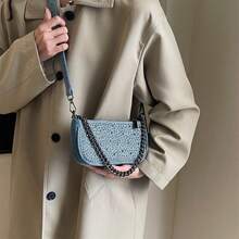 經典牛仔布金屬裝飾斜跨包，適合上班族、辦公室女性通勤，帶有卡片口袋的休閒母包 - 淺藍色 - 查看 9