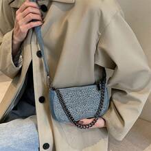 經典牛仔布金屬裝飾斜跨包，適合上班族、辦公室女性通勤，帶有卡片口袋的休閒母包 - 淺藍色 - 查看 8