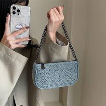 經典牛仔布金屬裝飾斜跨包，適合上班族、辦公室女性通勤，帶有卡片口袋的休閒母包 - 淺藍色 - 查看 6